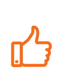 An orange thumbs-up icon next to a faint outline of a person inside a circle, set against a light gray background.